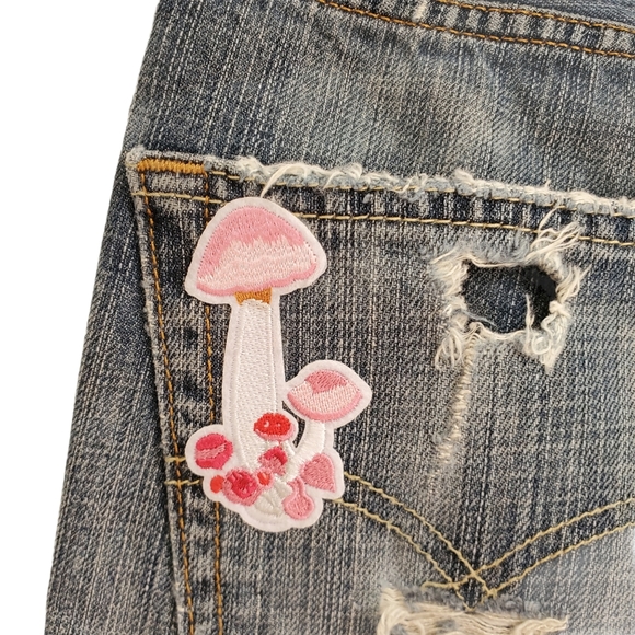 Upcycled Levi Distressed Mushroom Patch Shorts - Picture 3 of 7